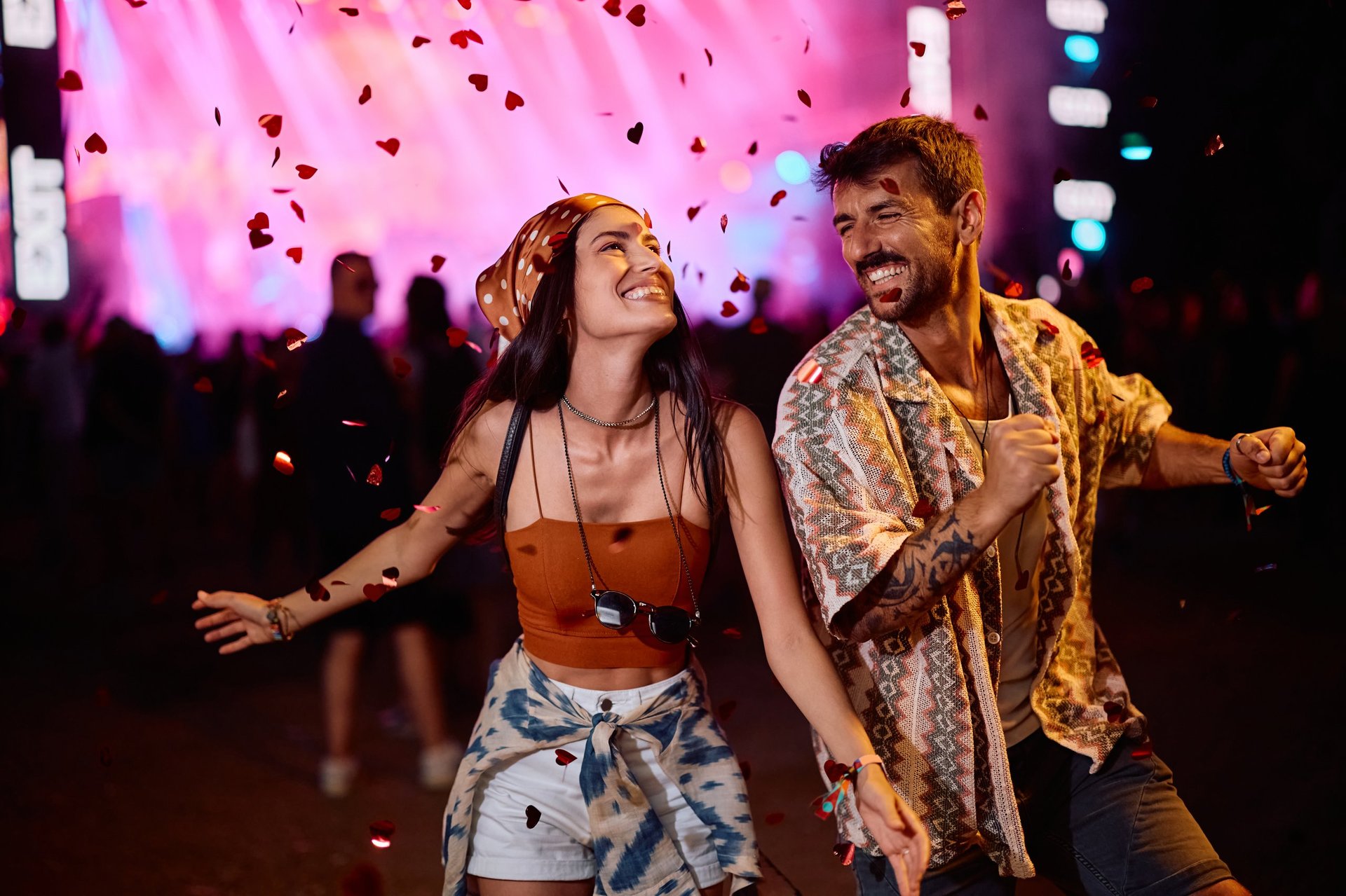 Festival crowd with confetti fireworks