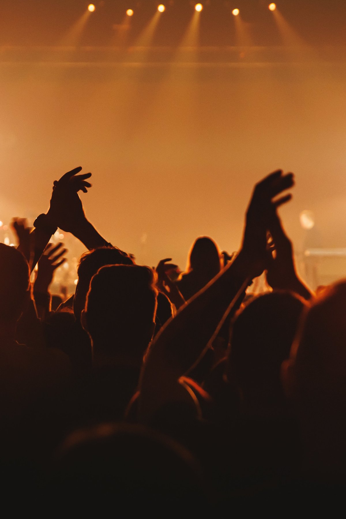View from the crowd showing people with their hands raised and clapping in rhythm with the music